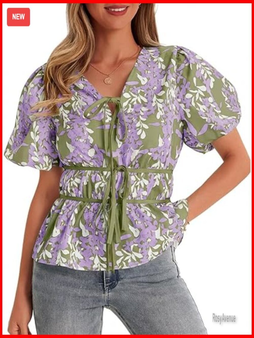 Puff Sleeve Tie Front Babydoll Peplum V Neck Blouse Floral Print Dressy Casual